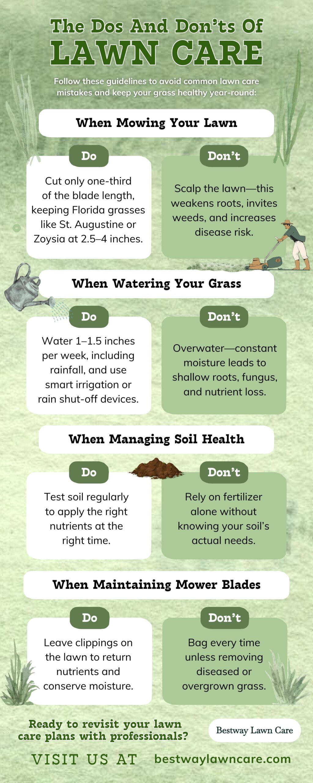Infographic showing the dos and don’ts of lawn care, including mowing, watering, soil management, and mower blade maintenance tips to promote a healthy lawn.